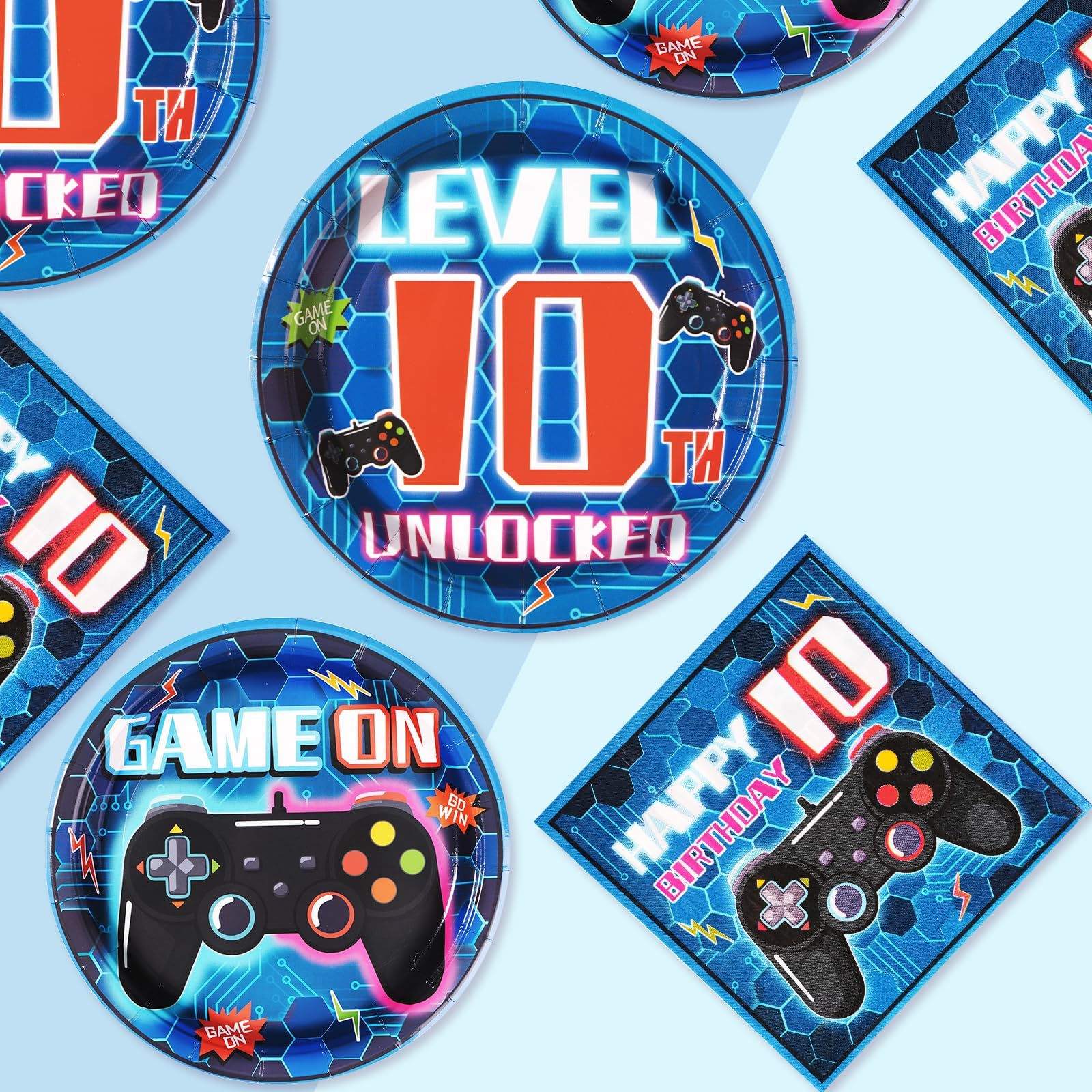 Grencian 96-Pcs 10th Video Game Birthday Tableware Set – Blue Level 10 Plates, Napkins & Forks (Serves 24)