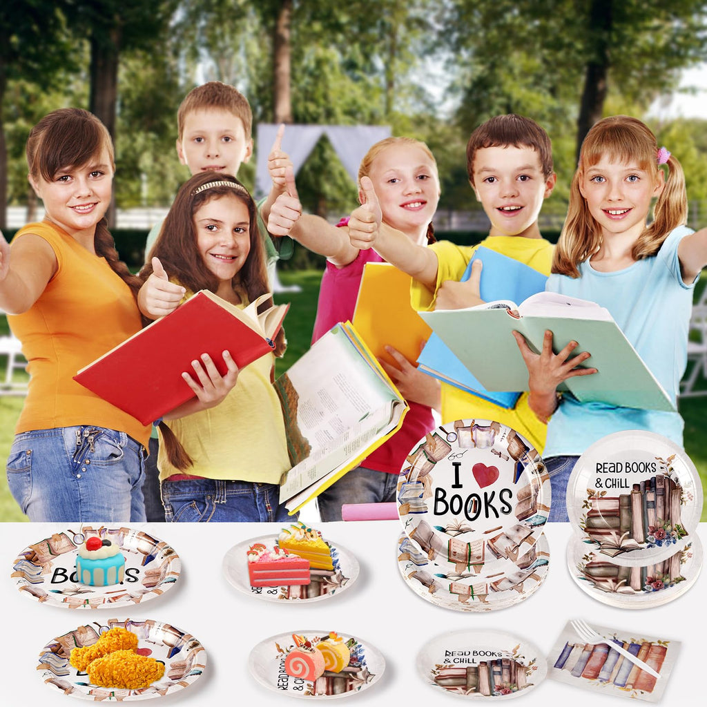 Grencian 96 Pcs Book Themed Party Decorations for Book Club – Plates, Napkins & Forks (Serves 24)