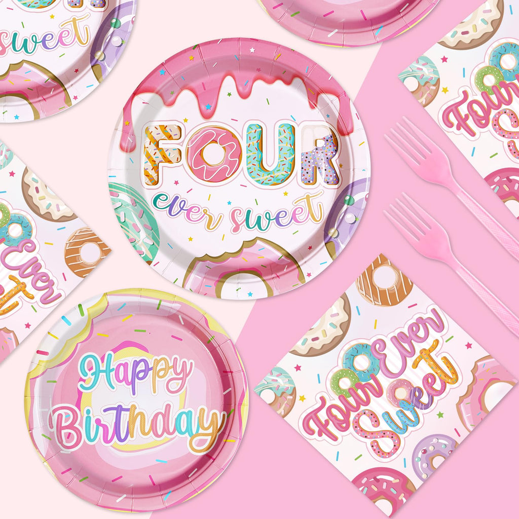 Grencian 96 Pcs Four Ever Sweet Donut Birthday Party Set – Plates, Napkins & Forks (Serves 24)