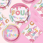 Grencian 96 Pcs Four Ever Sweet Donut Birthday Party Set – Plates, Napkins & Forks (Serves 24)