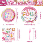 Grencian 96 Pcs Four Ever Sweet Donut Birthday Party Set – Plates, Napkins & Forks (Serves 24)