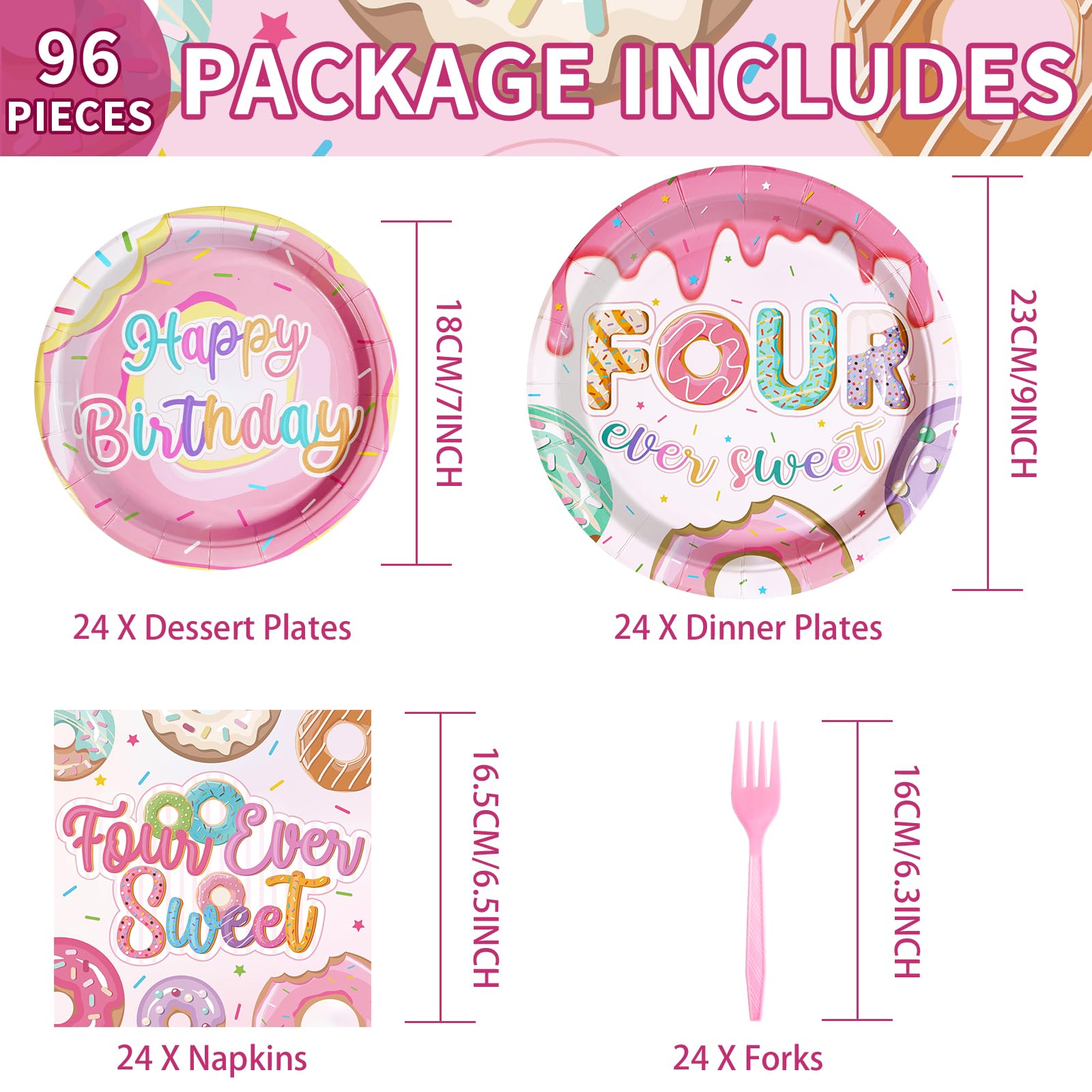 Grencian 96 Pcs Four Ever Sweet Donut Birthday Party Set – Plates, Napkins & Forks (Serves 24)