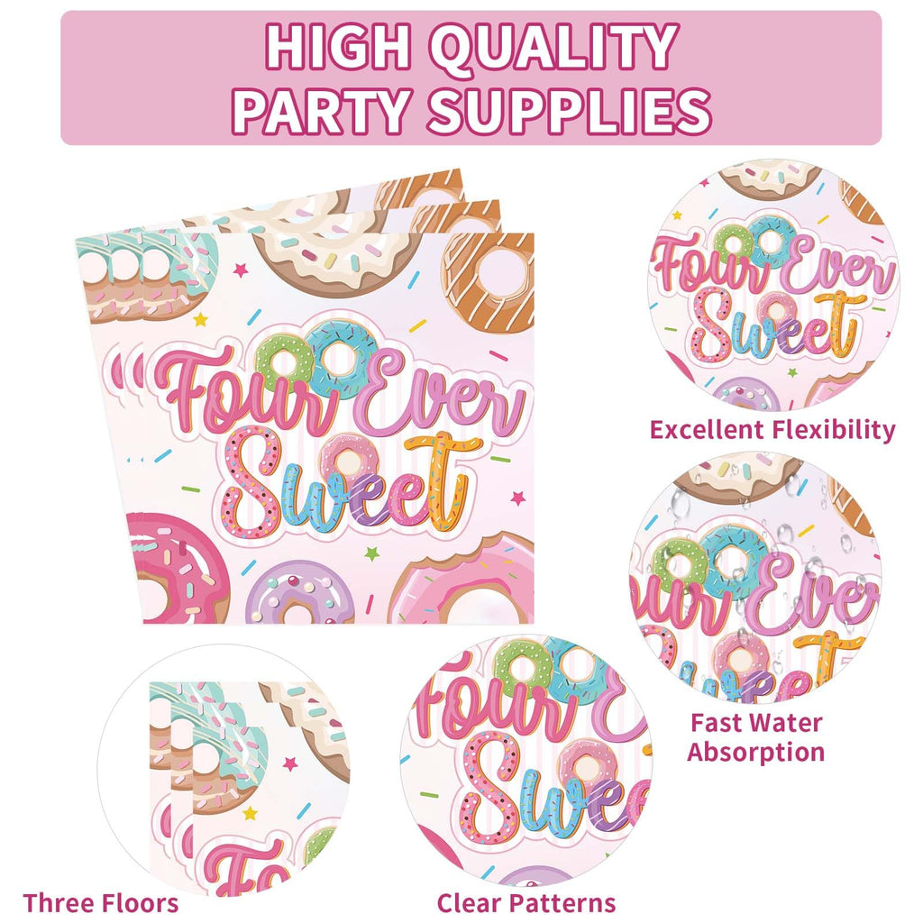 Grencian 96 Pcs Four Ever Sweet Donut Birthday Party Set – Plates, Napkins & Forks (Serves 24)