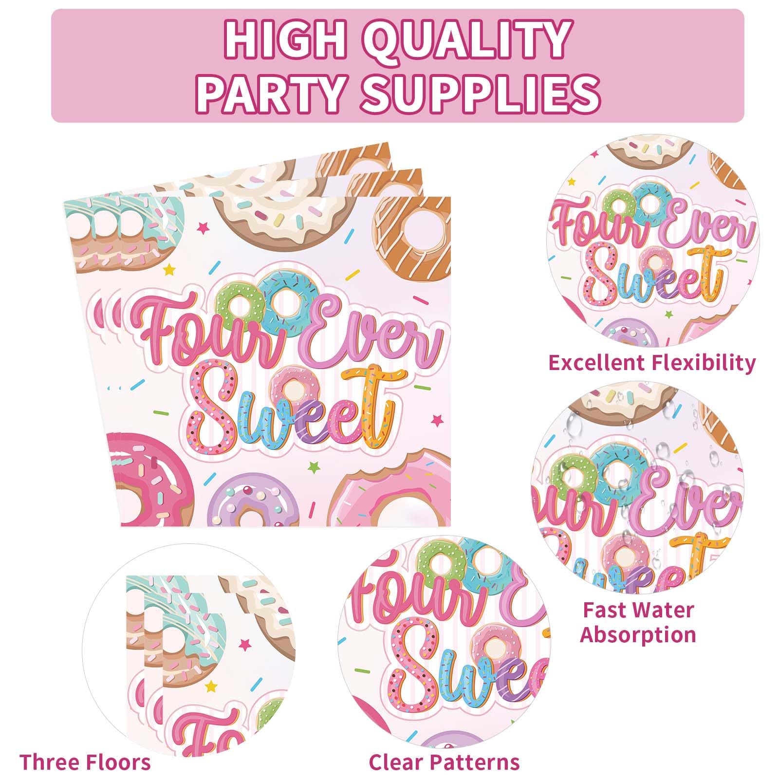 Grencian 96 Pcs Four Ever Sweet Donut Birthday Party Set – Plates, Napkins & Forks (Serves 24)