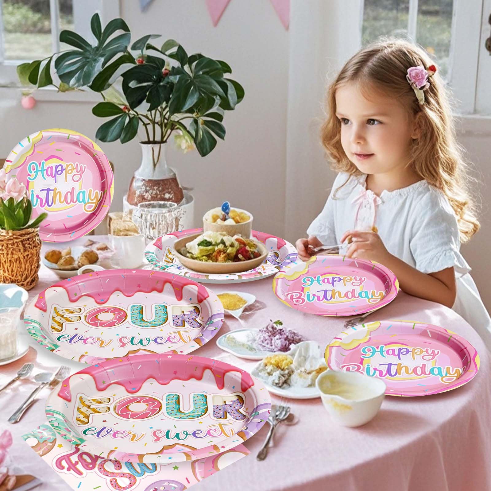 Grencian 96 Pcs Four Ever Sweet Donut Birthday Party Set – Plates, Napkins & Forks (Serves 24)