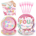 Grencian 96 Pcs Four Ever Sweet Donut Birthday Party Set – Plates, Napkins & Forks (Serves 24)