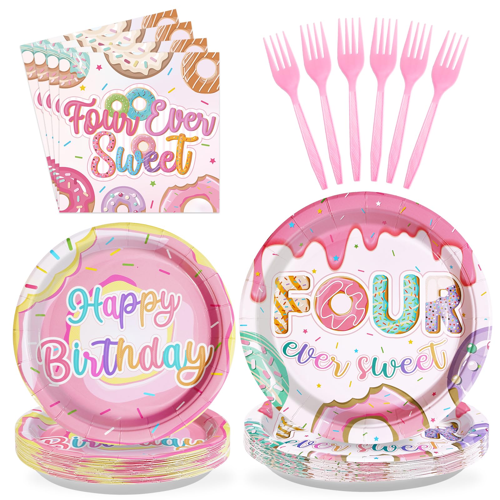 Grencian 96 Pcs Four Ever Sweet Donut Birthday Party Set – Plates, Napkins & Forks (Serves 24)