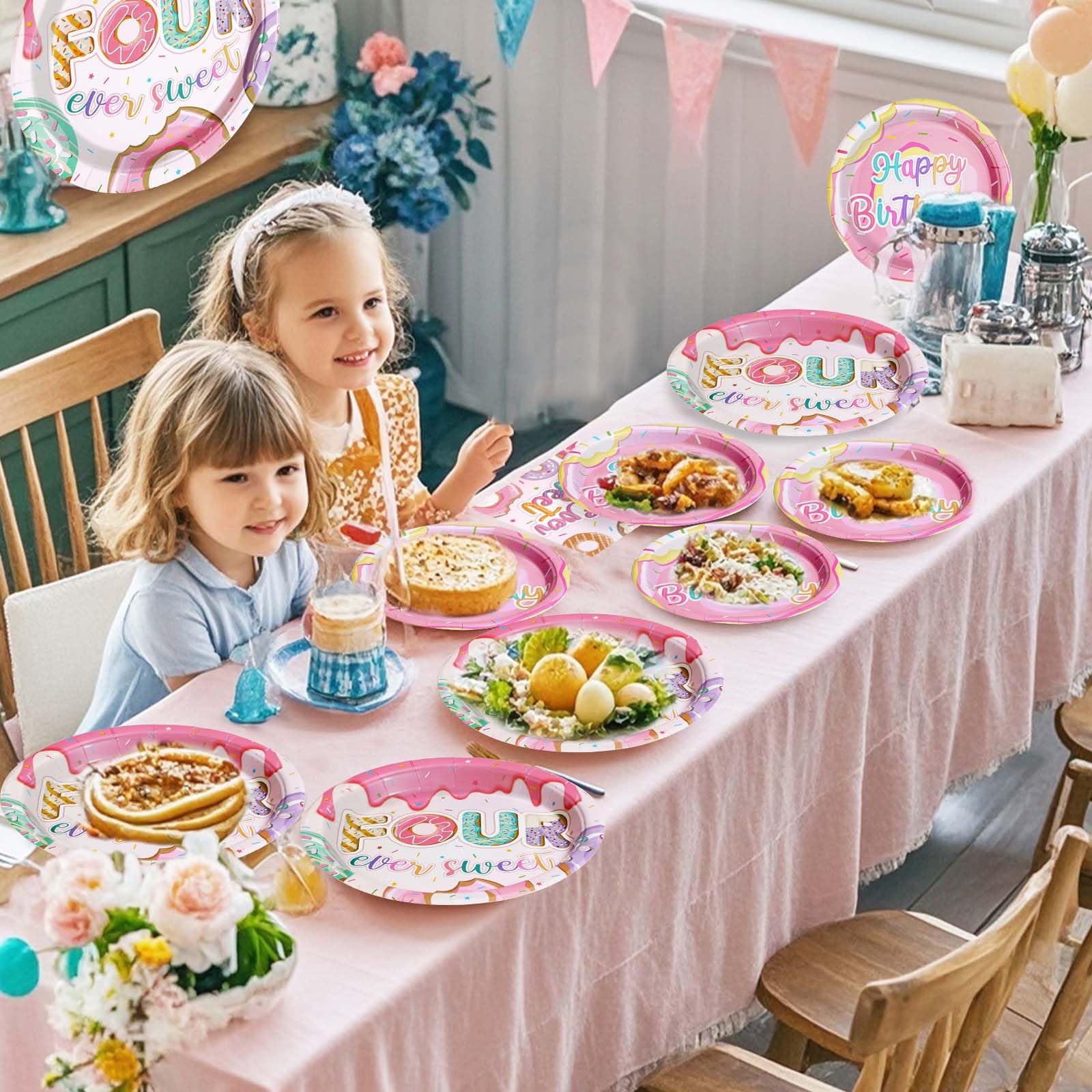 Grencian 96 Pcs Four Ever Sweet Donut Birthday Party Set – Plates, Napkins & Forks (Serves 24)