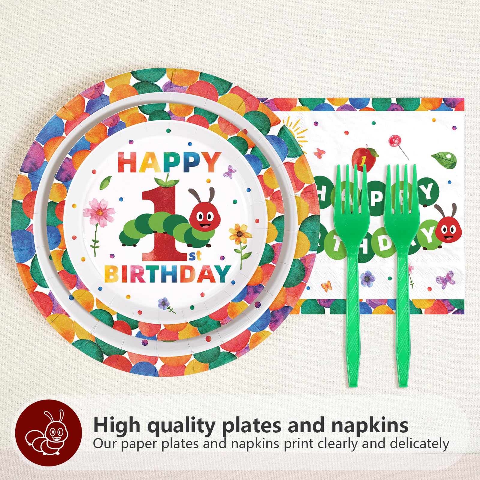 Grencian 200Pcs Caterpillar First Birthday Tableware Set – Green Insect Theme Plates, Napkins & Utensils (Serves 50)