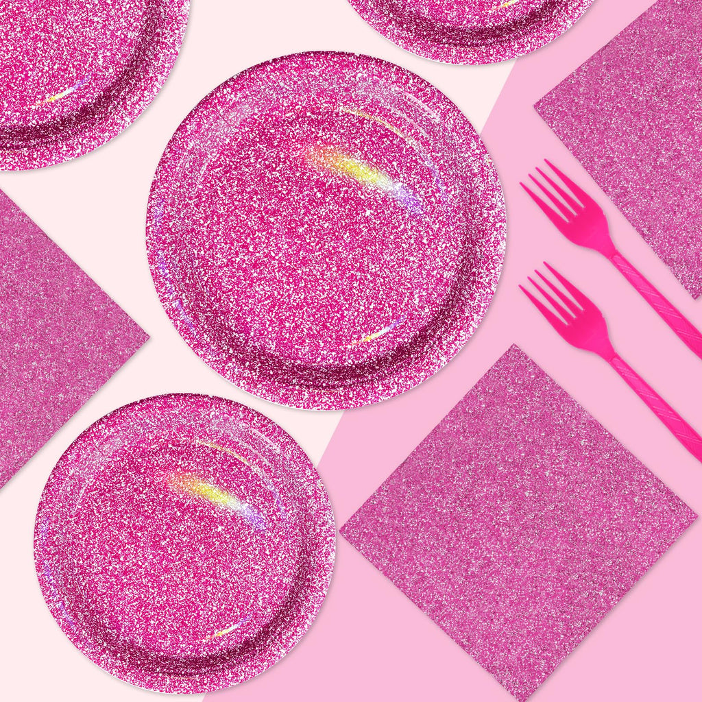 Grencian 96 Pcs Hot Pink Party Supplies – Holographic Plates & Napkins Set for 24