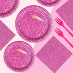 Grencian 96 Pcs Hot Pink Party Supplies – Holographic Plates & Napkins Set for 24