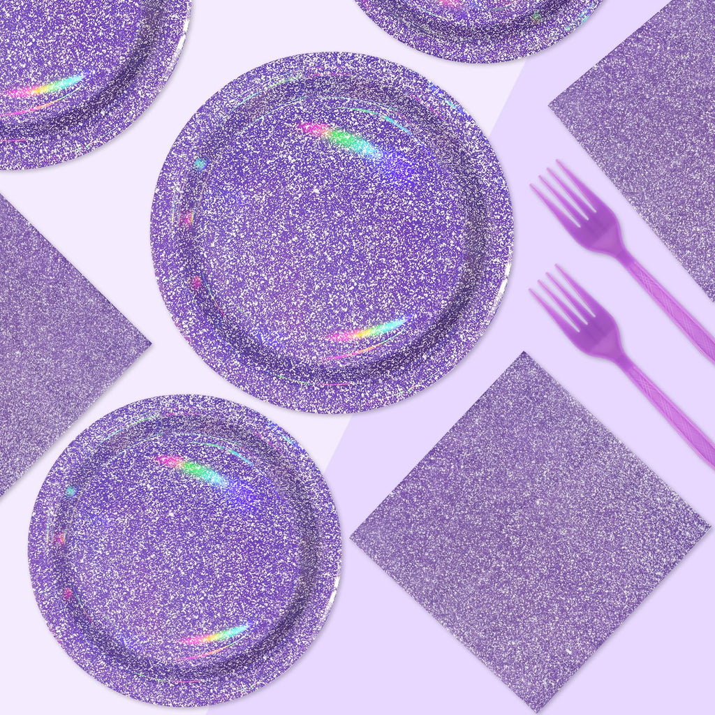 Grencian 96Pcs Purple Party Supplies – Iridescent Plates & Napkins for 24 Guests
