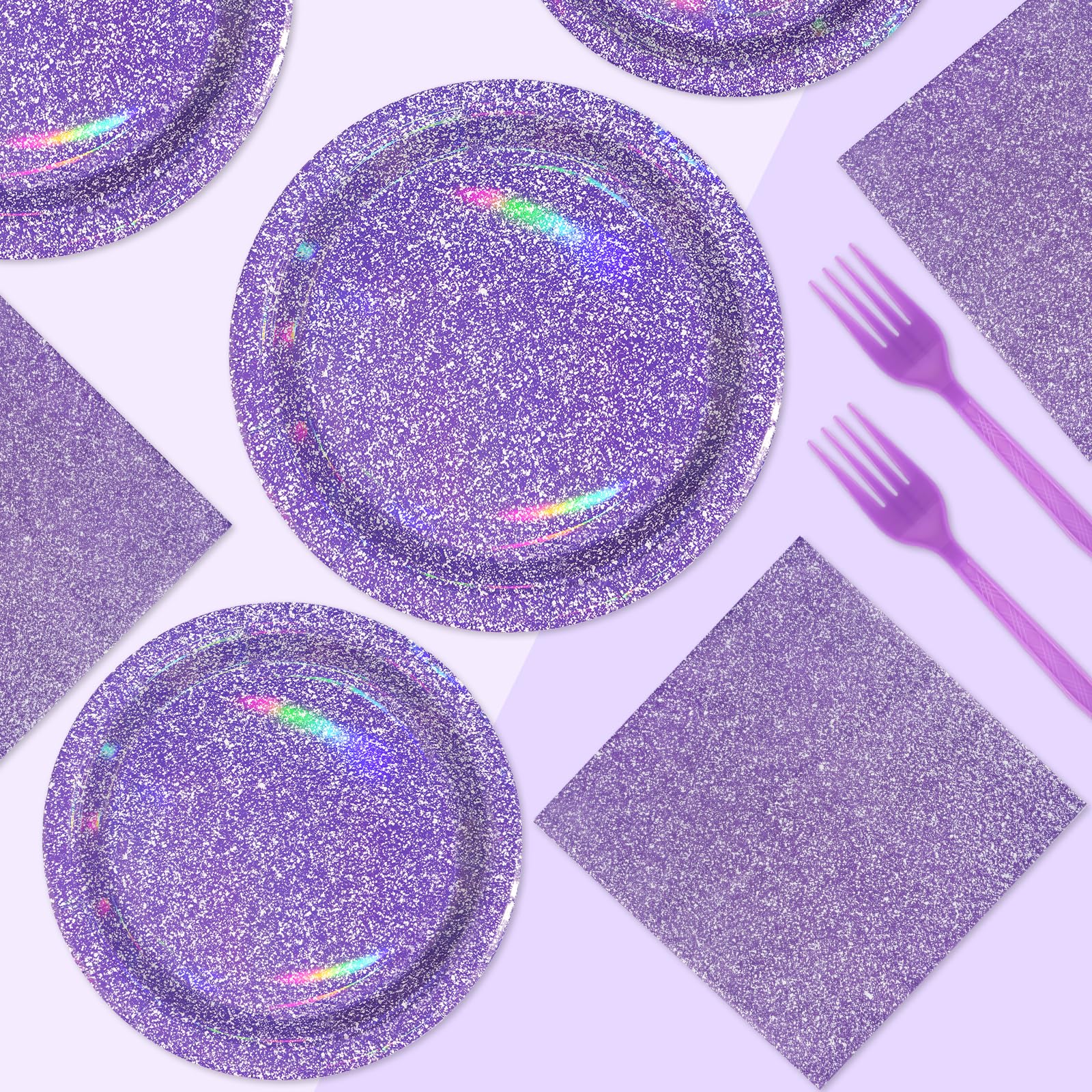 Grencian 96Pcs Purple Party Supplies – Iridescent Plates & Napkins for 24 Guests