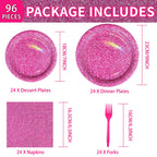 Grencian 96 Pcs Hot Pink Party Supplies – Holographic Plates & Napkins Set for 24