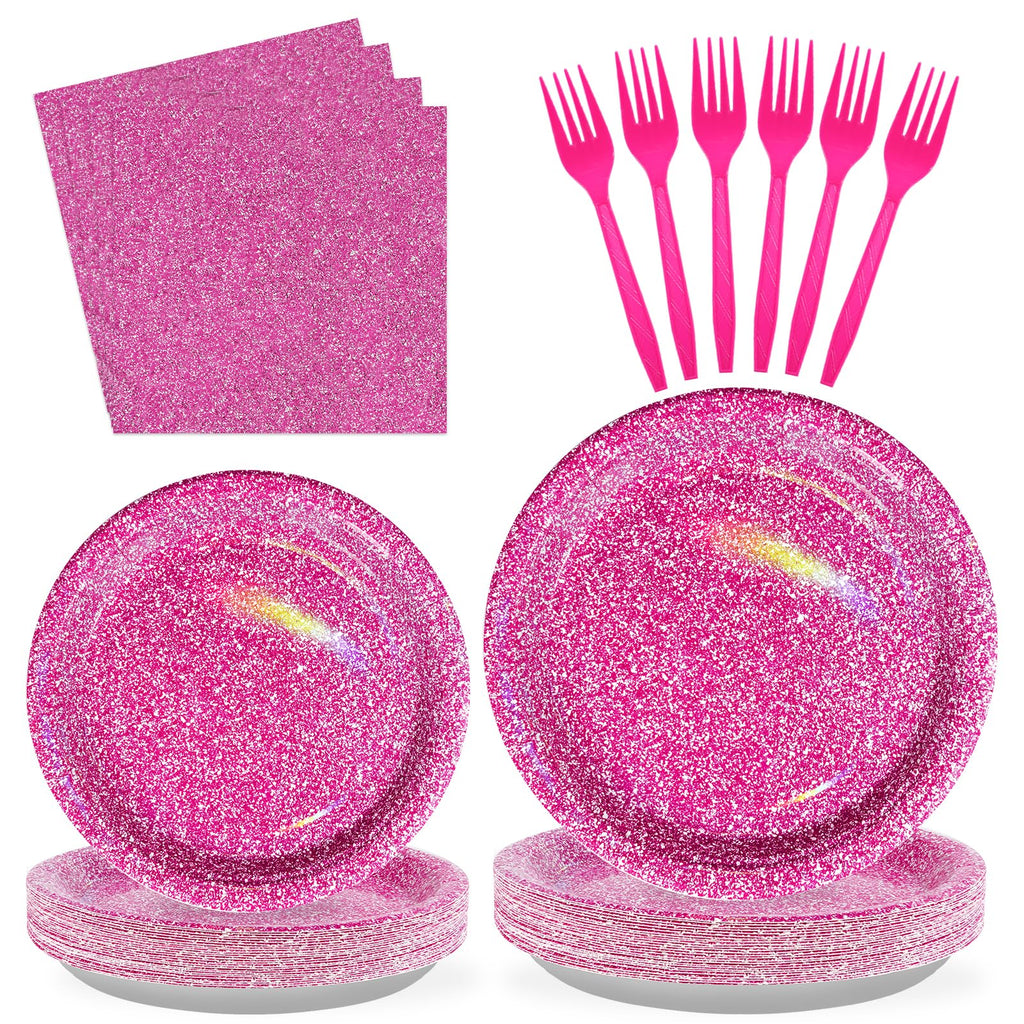 Grencian 96 Pcs Hot Pink Party Supplies – Holographic Plates & Napkins Set for 24