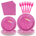 Grencian 96 Pcs Hot Pink Party Supplies – Holographic Plates & Napkins Set for 24