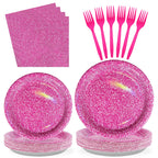 Grencian 96 Pcs Hot Pink Party Supplies – Holographic Plates & Napkins Set for 24