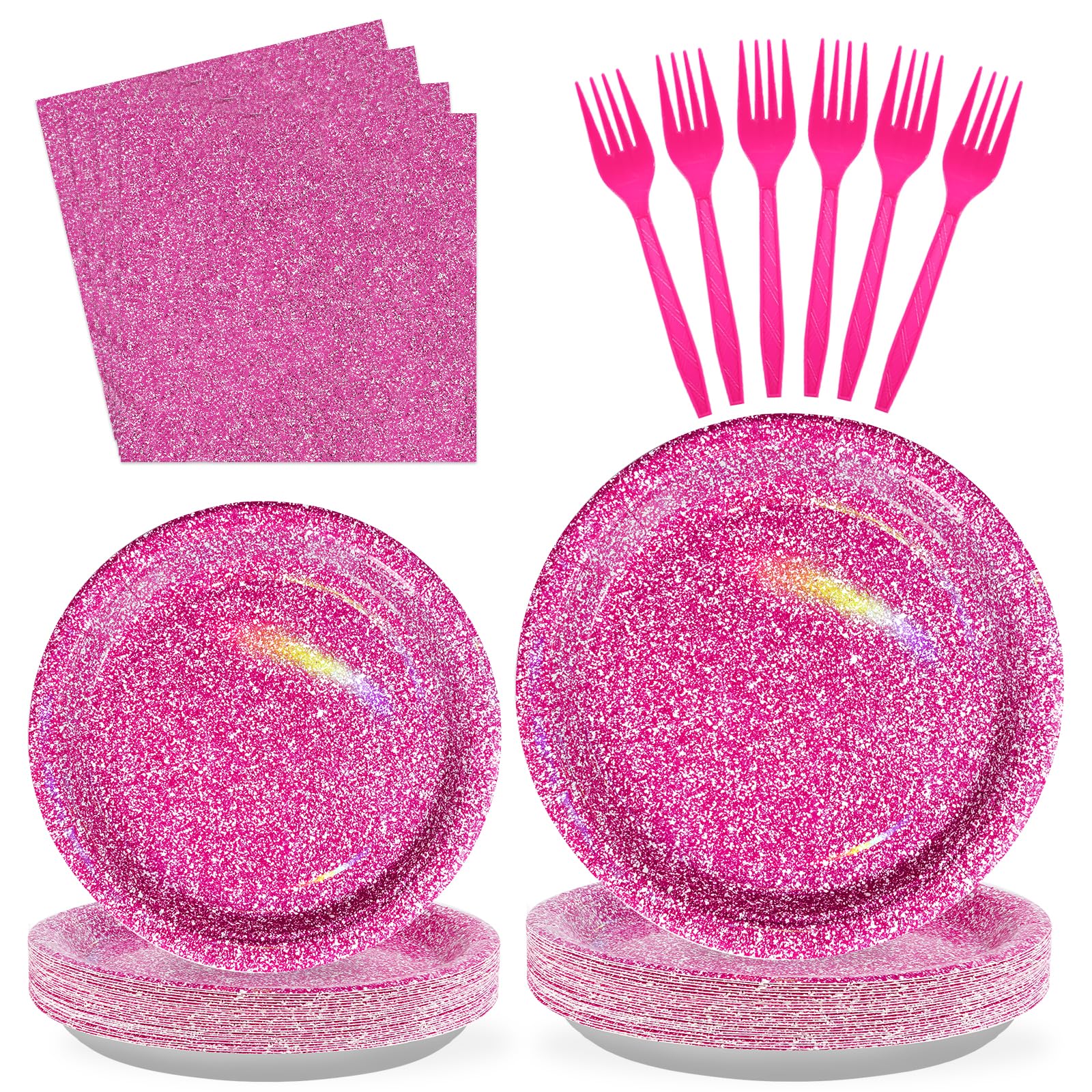 Grencian 96 Pcs Hot Pink Party Supplies – Holographic Plates & Napkins Set for 24