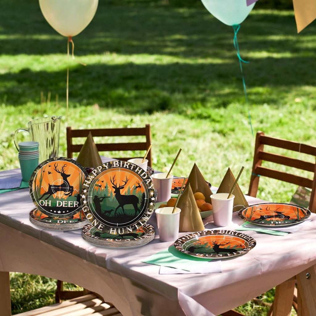 Grencian 96Pcs Hunting Camo Party Supplies – 350GSM Disposable Tableware Set for 24 Guests