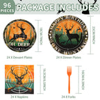 Grencian 96Pcs Hunting Camo Party Supplies – 350GSM Disposable Tableware Set for 24 Guests