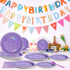 Grencian 96Pcs Purple Party Supplies – Iridescent Plates & Napkins for 24 Guests