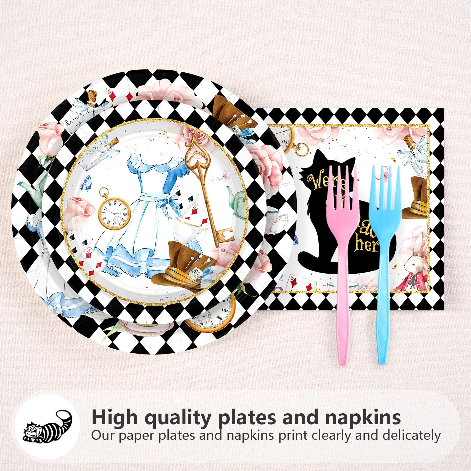 Grencian 96-Piece Alice in Onderland Party Tableware Set – Plates, Napkins & Forks for 24