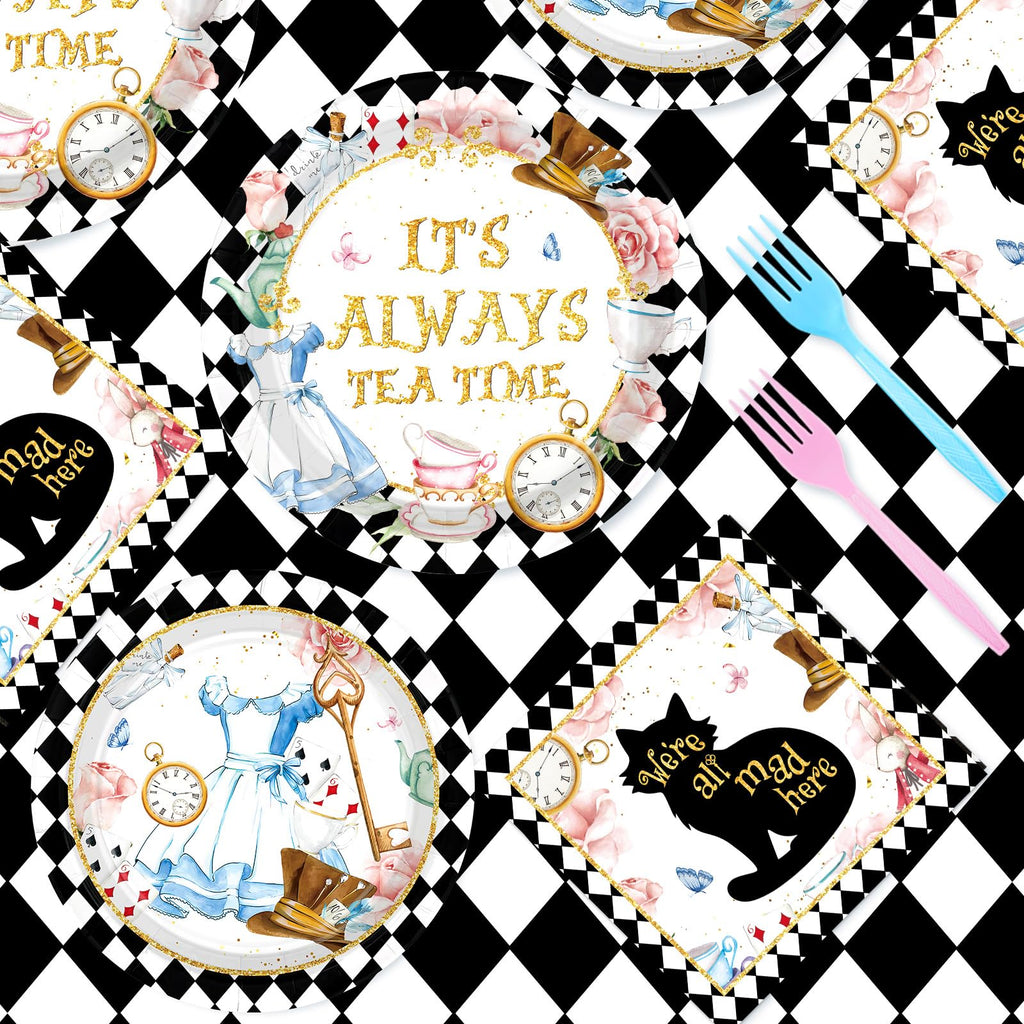 Grencian 96-Piece Alice in Onderland Party Tableware Set – Plates, Napkins & Forks for 24