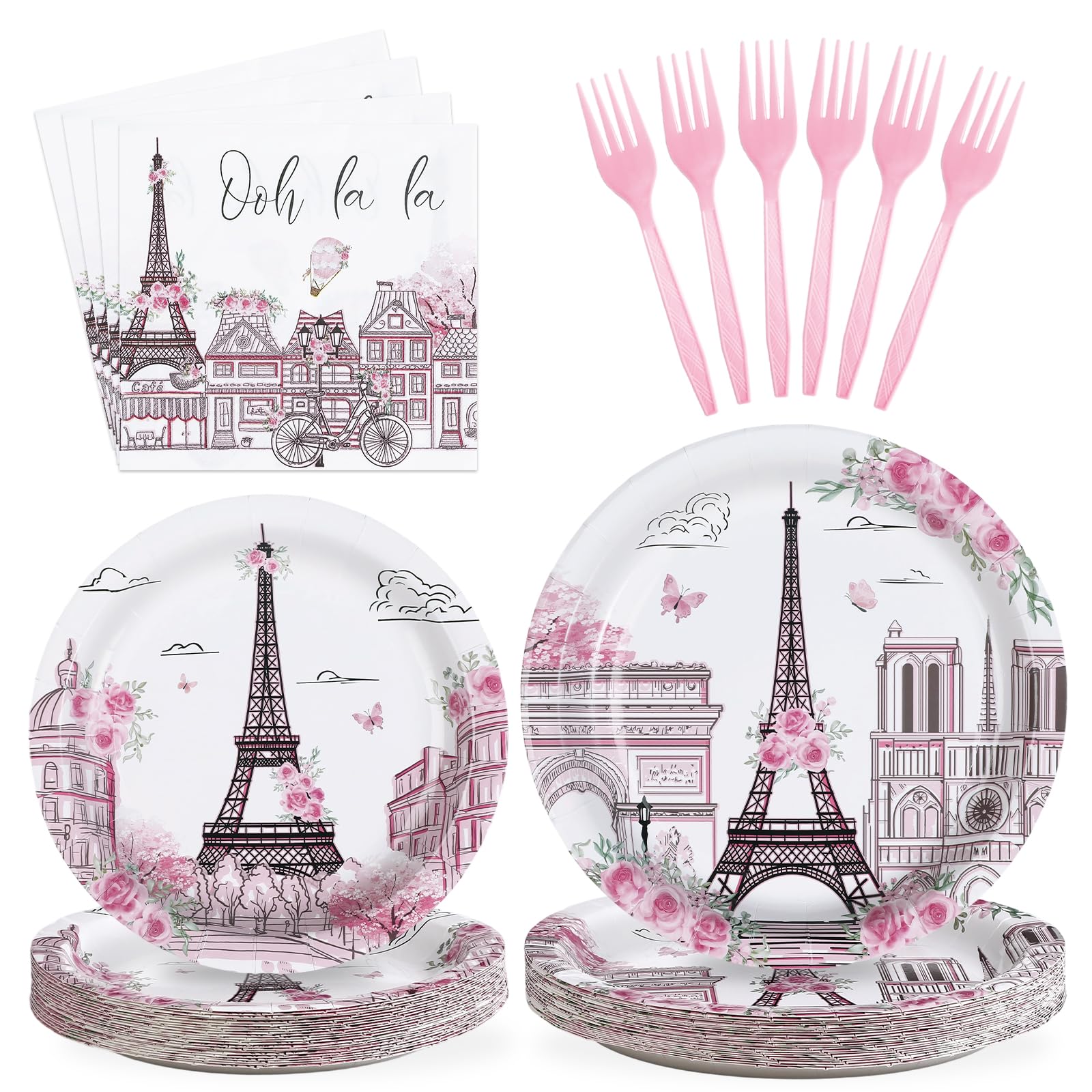 Grencian 96Pcs Paris Theme Party Decorations – Eiffel Tower Plates & Napkins, Pink Rose