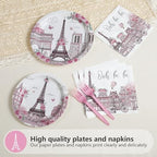 Grencian 96Pcs Paris Theme Party Decorations – Eiffel Tower Plates & Napkins, Pink Rose