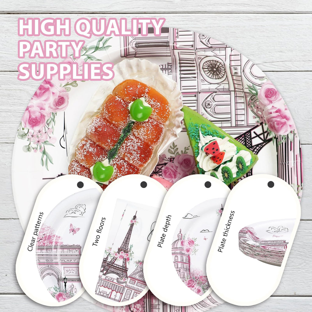 Grencian 96Pcs Paris Theme Party Decorations – Eiffel Tower Plates & Napkins, Pink Rose