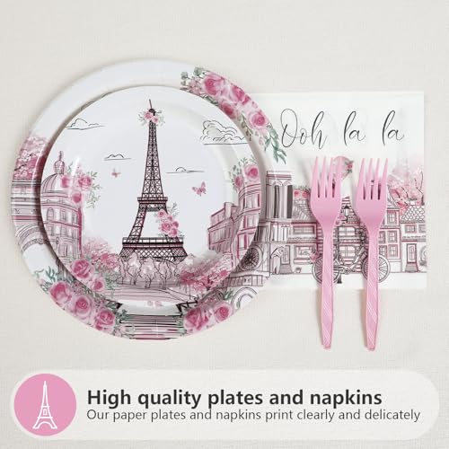 Grencian 96Pcs Paris Theme Party Decorations – Eiffel Tower Plates & Napkins, Pink Rose