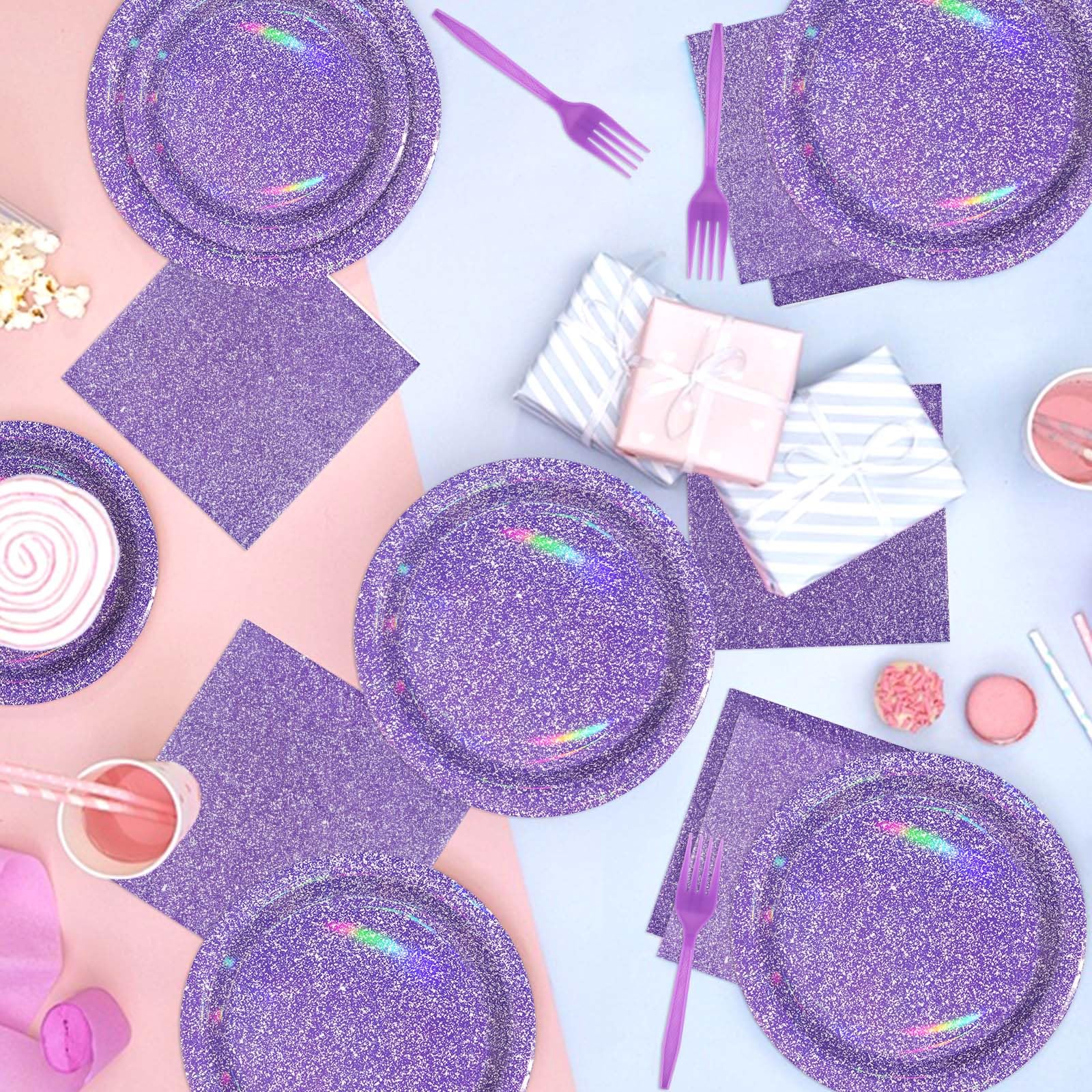 Grencian 96Pcs Purple Party Supplies – Iridescent Plates & Napkins for 24 Guests