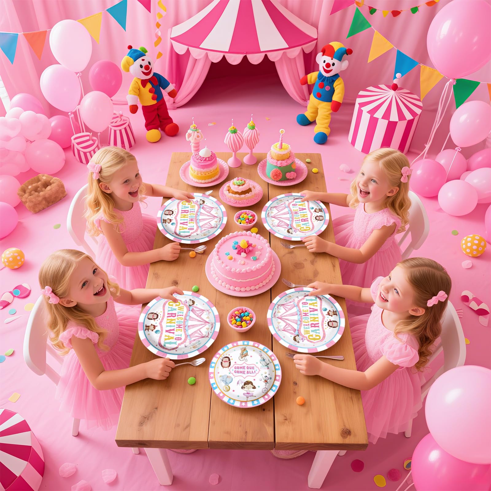 Grencian 96Pcs Pink Circus Party Supplies – Carnival Plates & Napkins Set