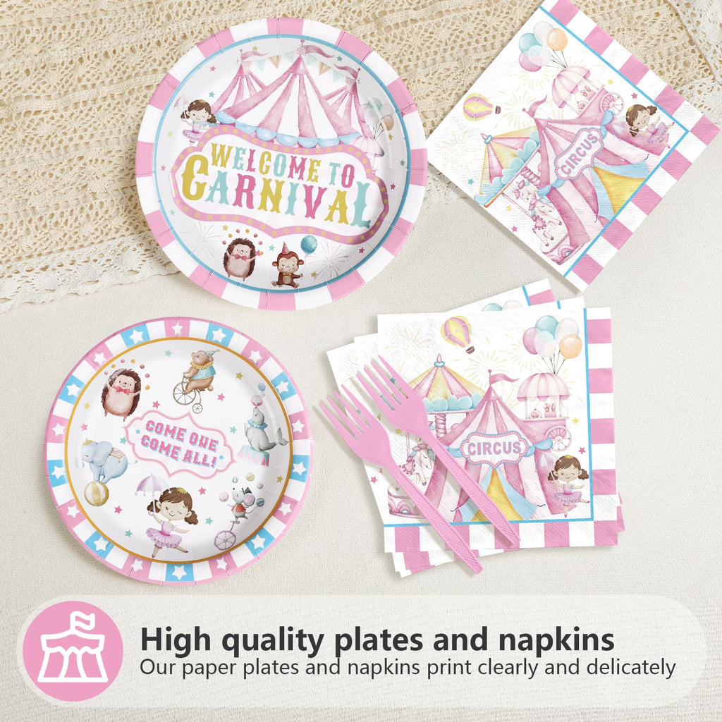 Grencian 96Pcs Pink Circus Party Supplies – Carnival Plates & Napkins Set