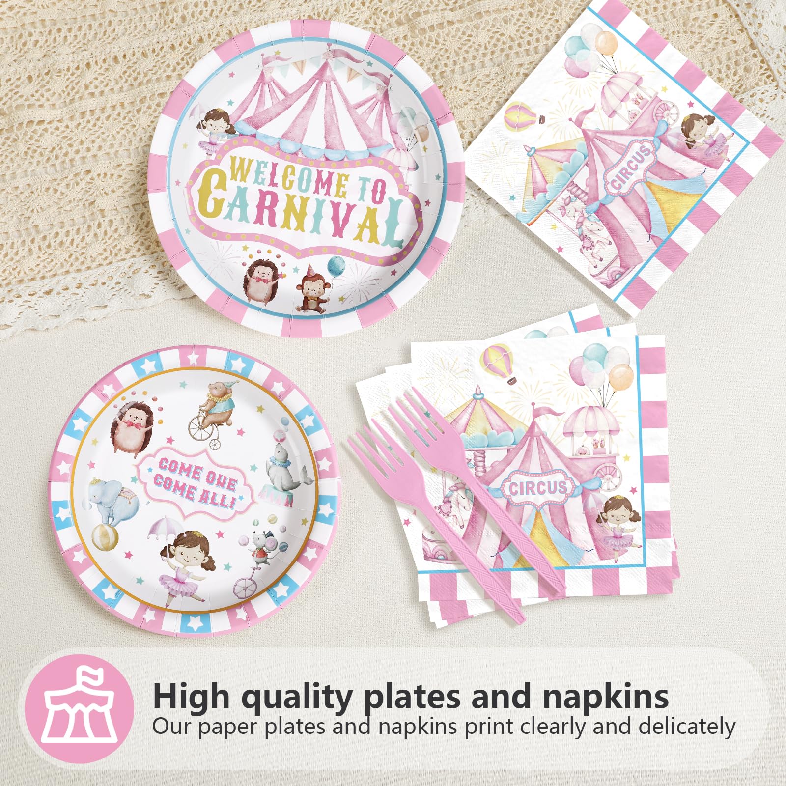 Grencian 96Pcs Pink Circus Party Supplies – Carnival Plates & Napkins Set