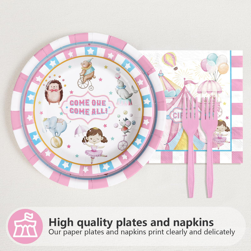 Grencian 96Pcs Pink Circus Party Supplies – Carnival Plates & Napkins Set