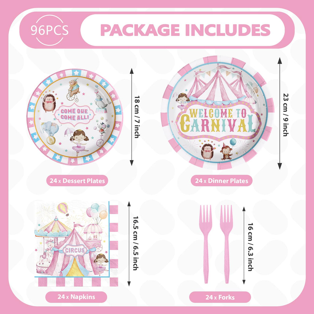 Grencian 96Pcs Pink Circus Party Supplies – Carnival Plates & Napkins Set