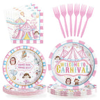 Grencian 96Pcs Pink Circus Party Supplies – Carnival Plates & Napkins Set