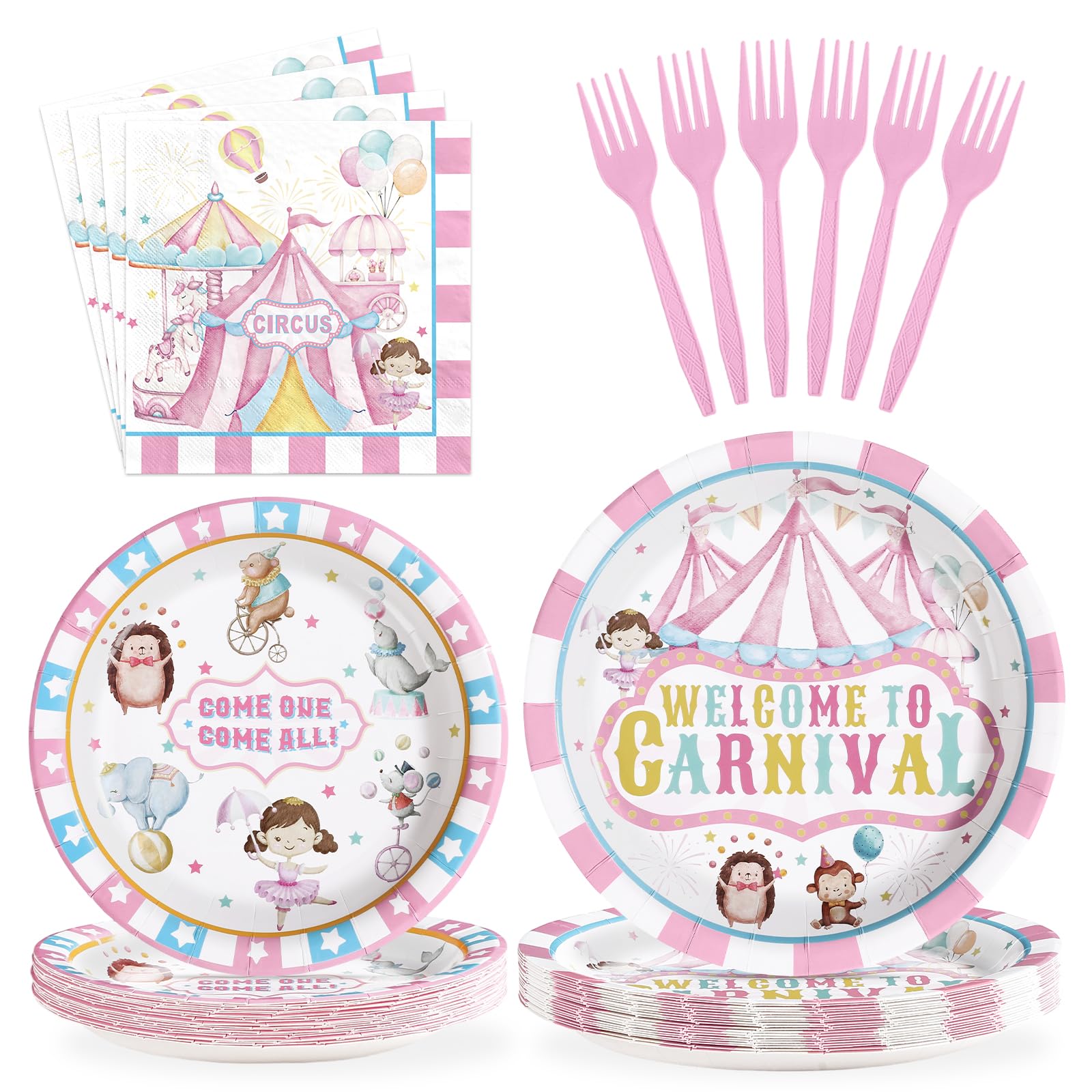 Grencian 96Pcs Pink Circus Party Supplies – Carnival Plates & Napkins Set