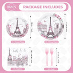 Grencian 96Pcs Paris Theme Party Decorations – Eiffel Tower Plates & Napkins, Pink Rose