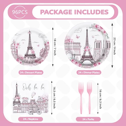 Grencian 96Pcs Paris Theme Party Decorations – Eiffel Tower Plates & Napkins, Pink Rose