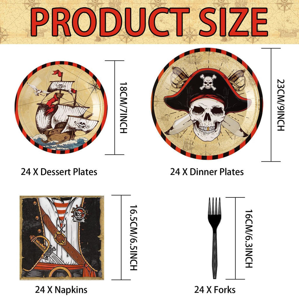 Grencian 96 Pcs Pirate Party Tableware Set – Plates, Napkins & Forks (Serves 24)