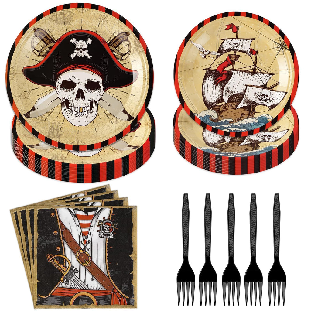 Grencian 96 Pcs Pirate Party Tableware Set – Plates, Napkins & Forks (Serves 24)