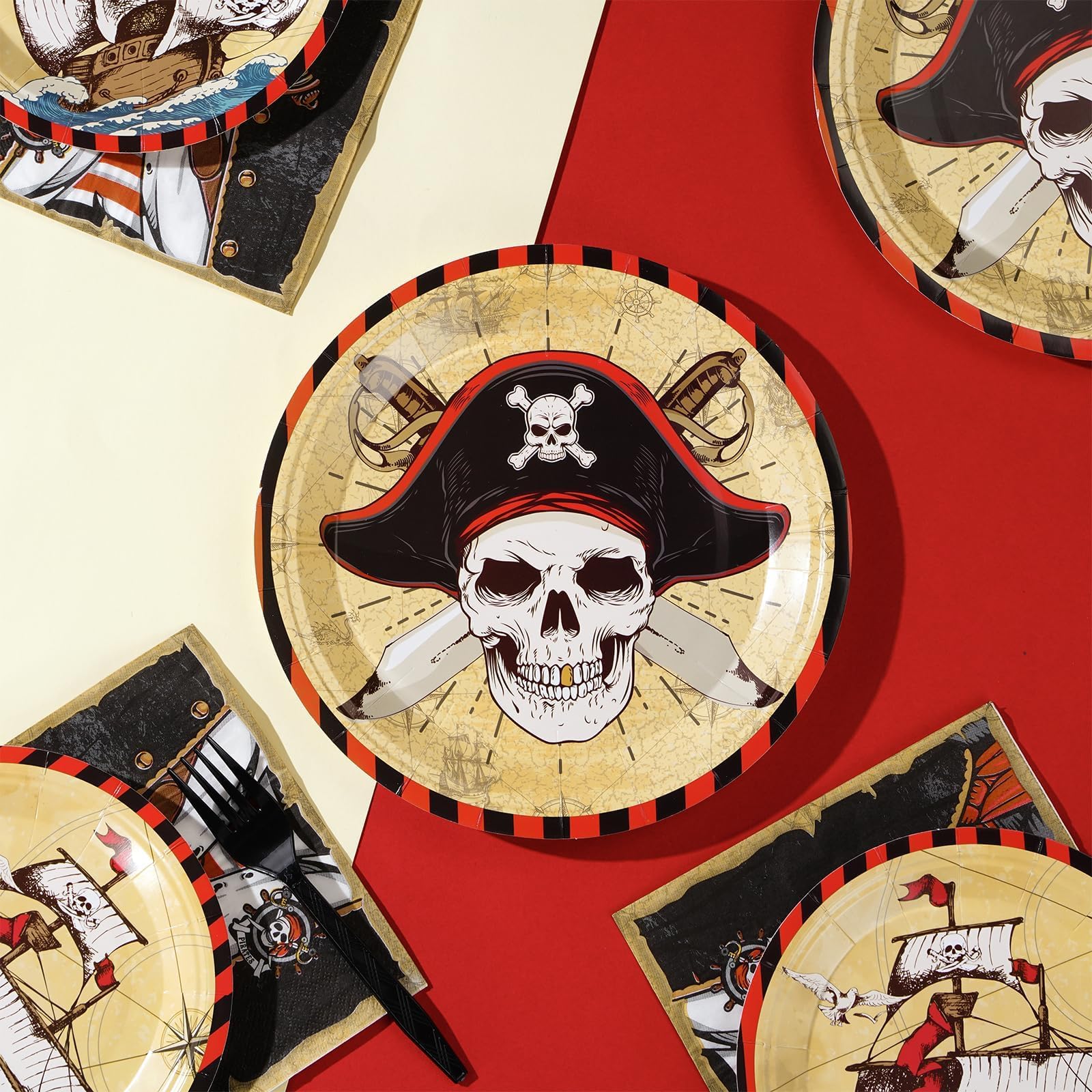 Grencian 96 Pcs Pirate Party Tableware Set – Plates, Napkins & Forks (Serves 24)