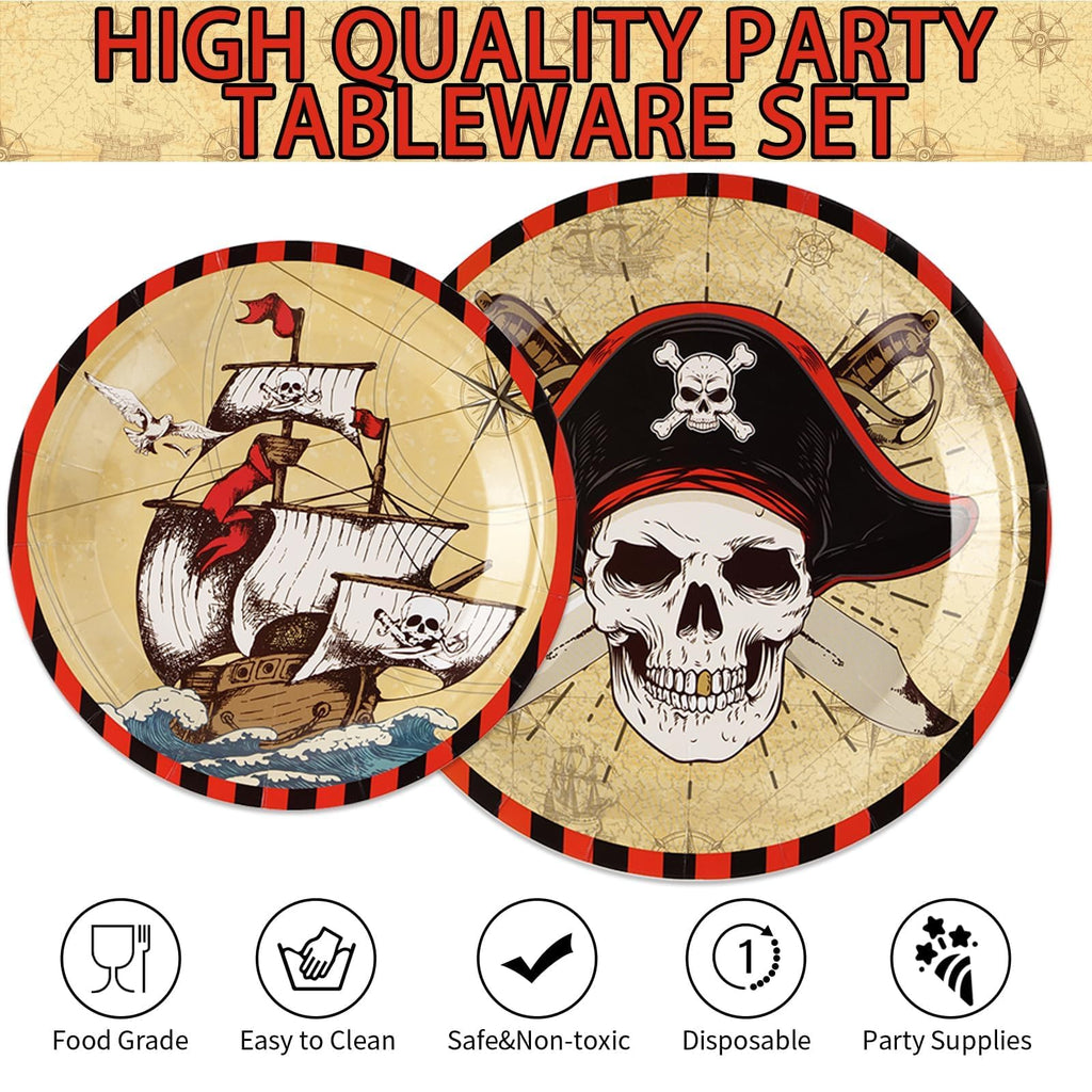 Grencian 96 Pcs Pirate Party Tableware Set – Plates, Napkins & Forks (Serves 24)