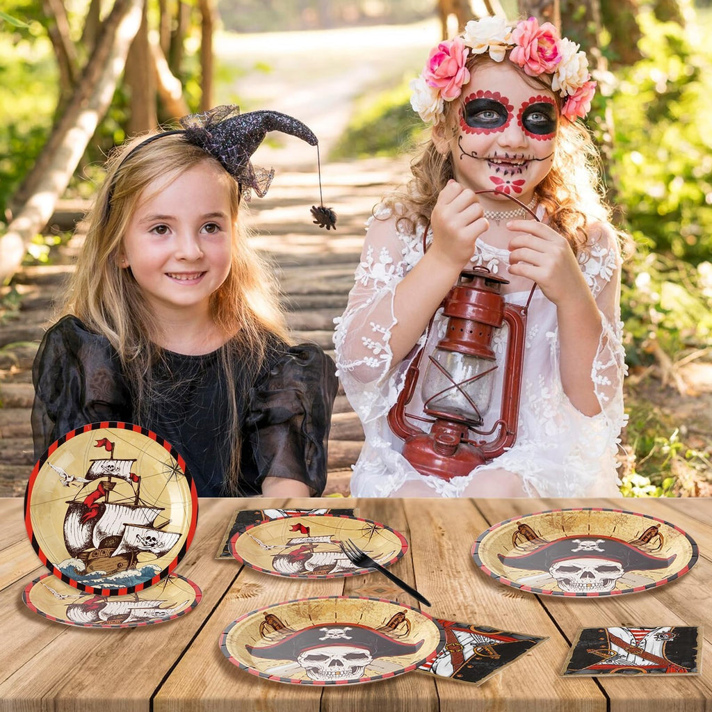 Grencian 96 Pcs Pirate Party Tableware Set – Plates, Napkins & Forks (Serves 24)