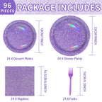 Grencian 96Pcs Purple Party Supplies – Iridescent Plates & Napkins for 24 Guests