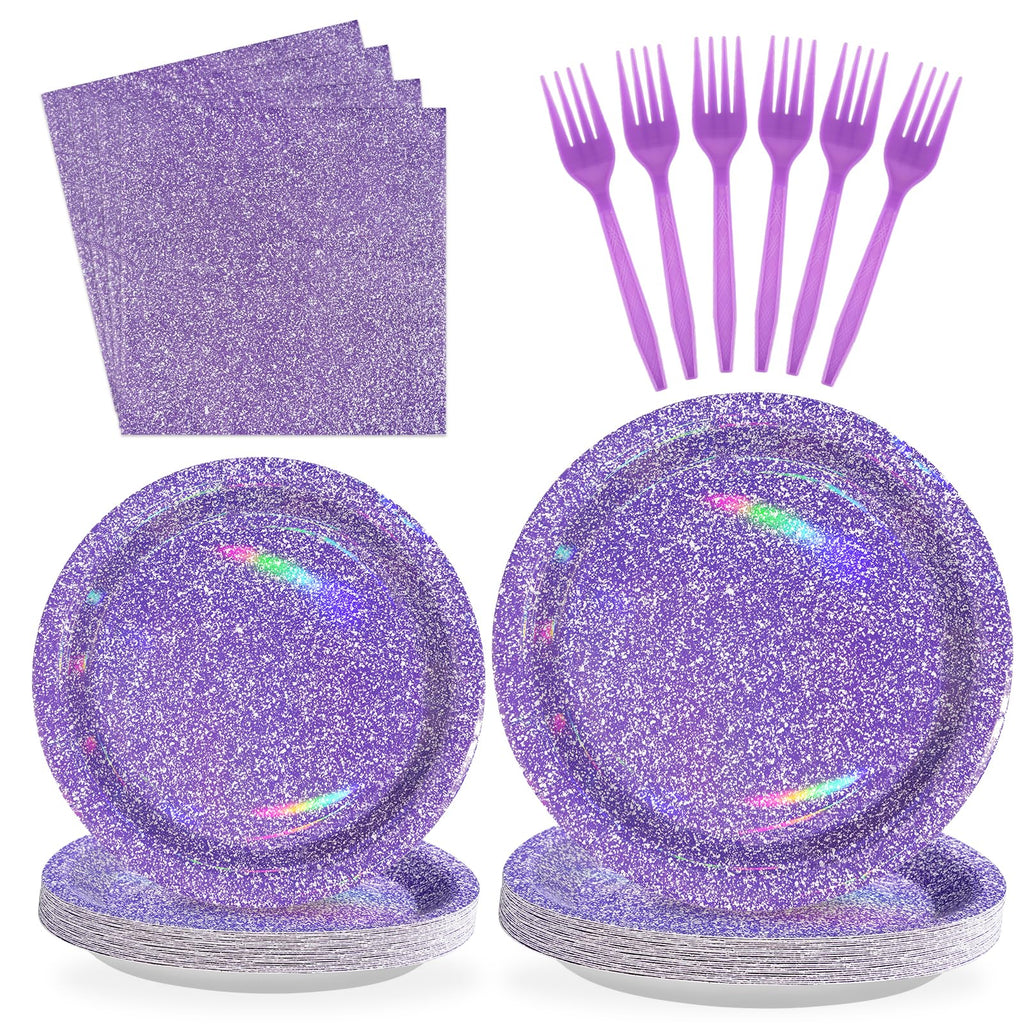 Grencian 96Pcs Purple Party Supplies – Iridescent Plates & Napkins for 24 Guests