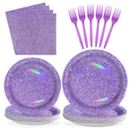 Grencian 96Pcs Purple Party Supplies – Iridescent Plates & Napkins for 24 Guests