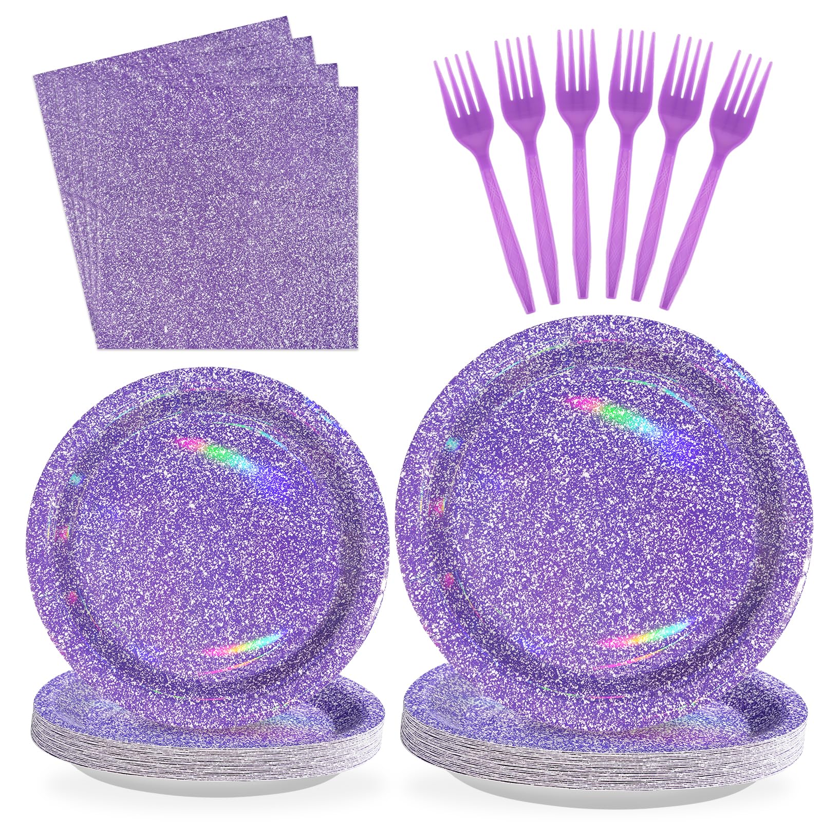 Grencian 96Pcs Purple Party Supplies – Iridescent Plates & Napkins for 24 Guests